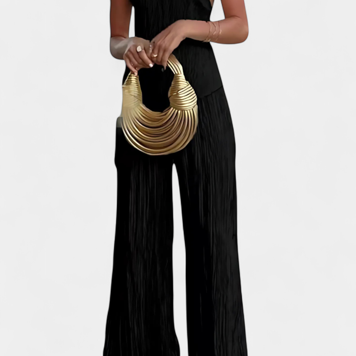 Pilarica Conjunto Elegante Plisado de Top Asimétrico y Pantalón Fluido