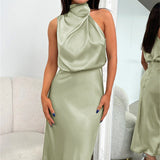 CARLINE™ - Vestido largo de satén con escote halter