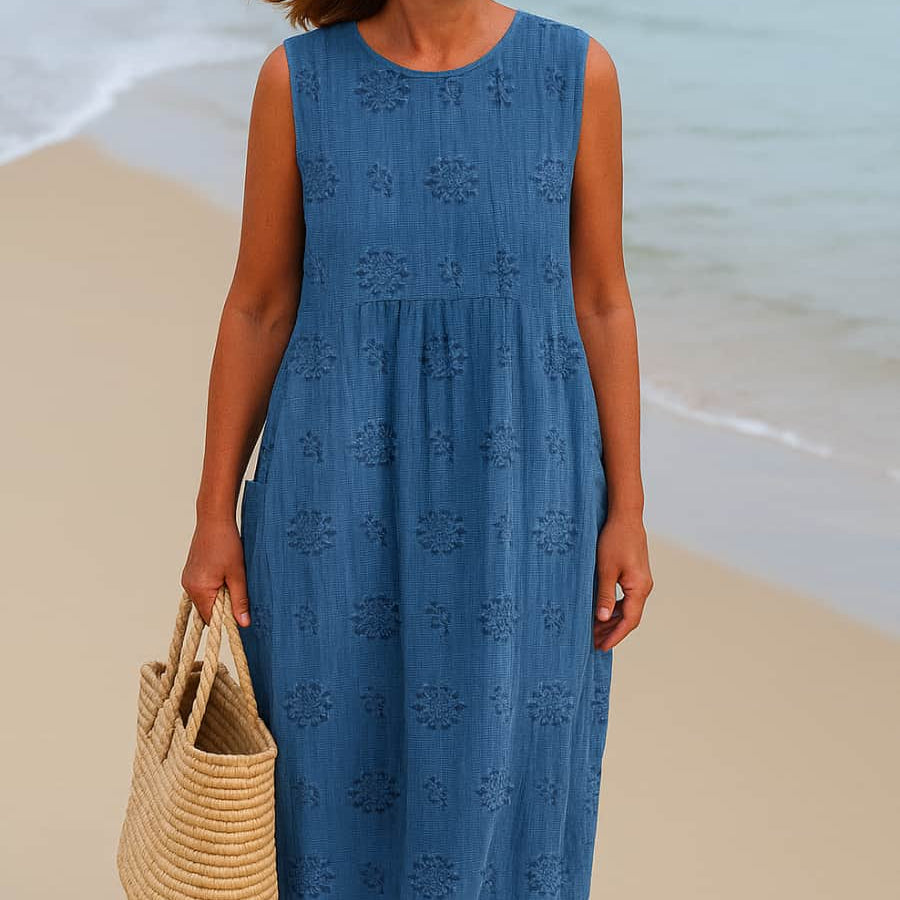 LINA™ - Vestido Midi con bolsillos y bordados naturales