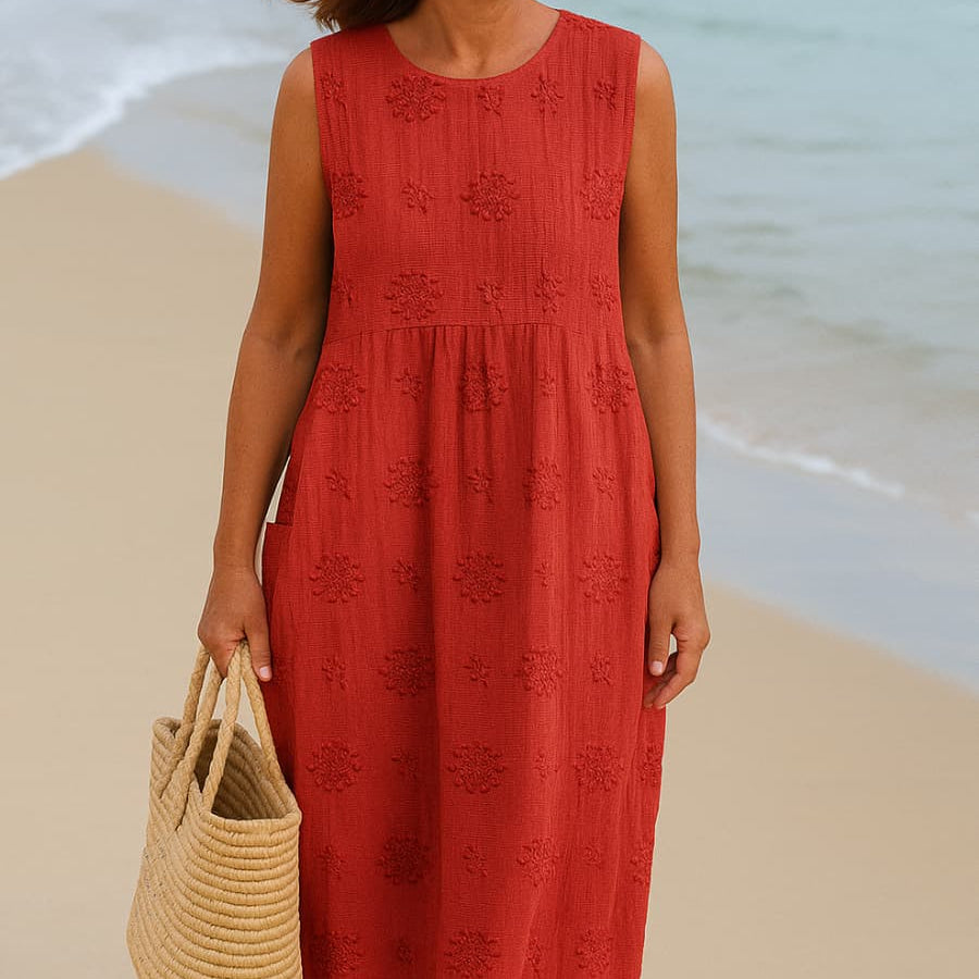 LINA™ - Vestido Midi con bolsillos y bordados naturales