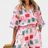 Mariluz - Conjunto de Camisa y Shorts con Estampado Rosa
