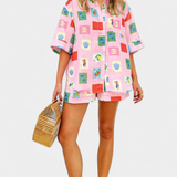 Mariluz - Conjunto de Camisa y Shorts con Estampado Rosa