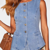 Ludovica - Conjunto de Denim con Chaleco Ajustado y Jeans de Pierna Ancha