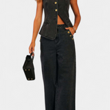 Ludovica - Conjunto de Denim con Chaleco Ajustado y Jeans de Pierna Ancha