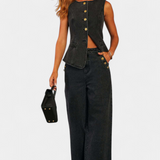 Ludovica - Conjunto de Denim con Chaleco Ajustado y Jeans de Pierna Ancha