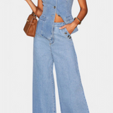 Ludovica - Conjunto de Denim con Chaleco Ajustado y Jeans de Pierna Ancha
