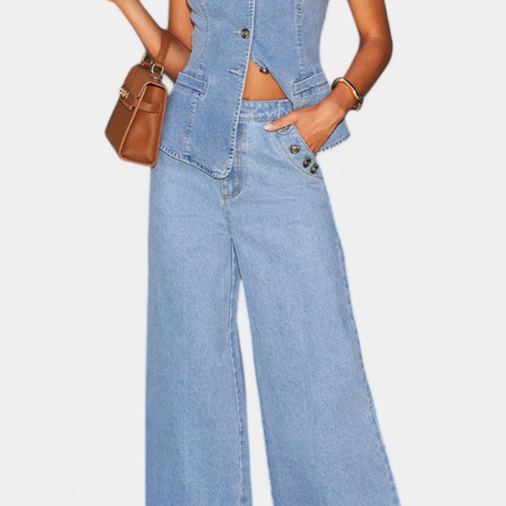 Ludovica - Conjunto de Denim con Chaleco Ajustado y Jeans de Pierna Ancha