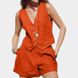 Jennifer - Conjunto Chaleco y Pantalones Cortos de Lino Algodón