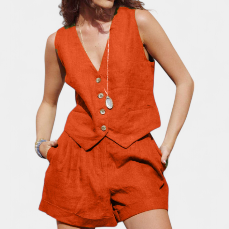 Jennifer - Conjunto Chaleco y Pantalones Cortos de Lino Algodón