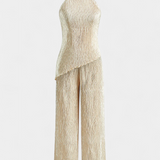 Pilarica Conjunto Elegante Plisado de Top Asimétrico y Pantalón Fluido
