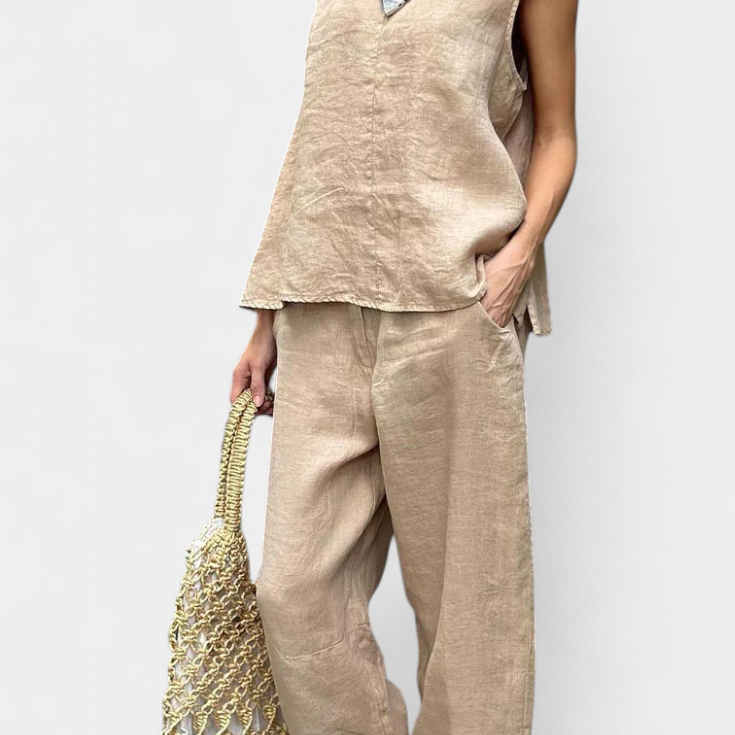 Leona - Conjunto de Chaleco y Pantalón Sin Mangas en Algodón Lino