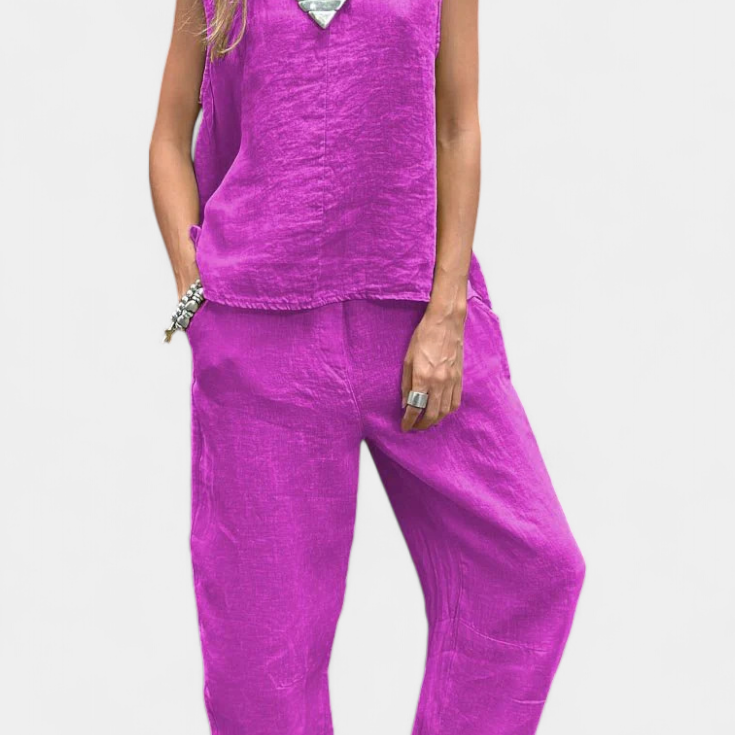 Leona - Conjunto de Chaleco y Pantalón Sin Mangas en Algodón Lino