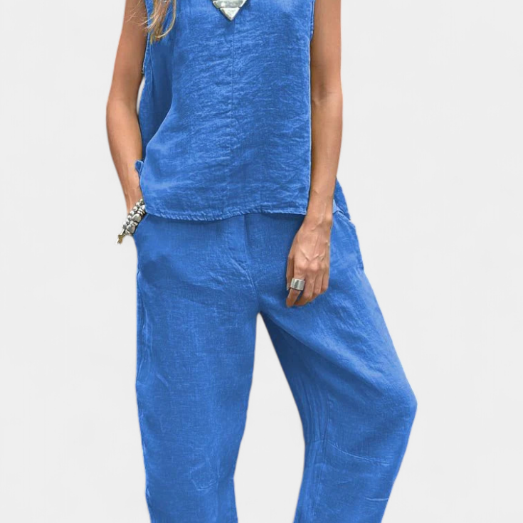 Leona - Conjunto de Chaleco y Pantalón Sin Mangas en Algodón Lino