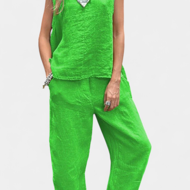 Leona - Conjunto de Chaleco y Pantalón Sin Mangas en Algodón Lino