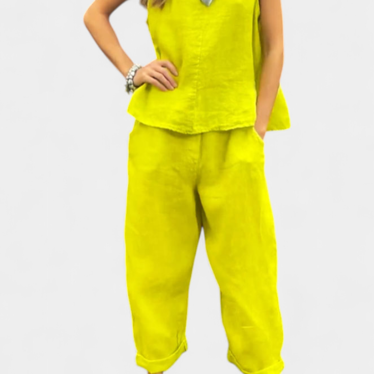 Leona - Conjunto de Chaleco y Pantalón Sin Mangas en Algodón Lino