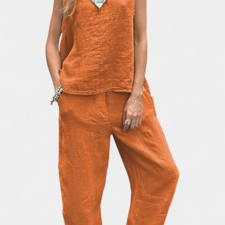 Leona - Conjunto de Chaleco y Pantalón Sin Mangas en Algodón Lino
